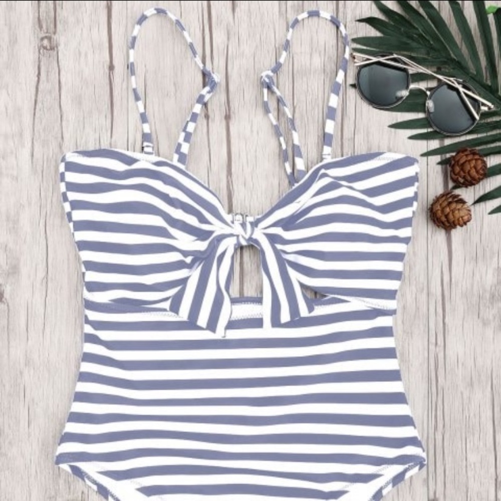 Grey and White Striped One Piece Swimsuit